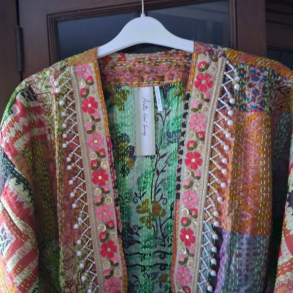Aratta Patchwork Audrey Silk Hand Stitched Sequins Beaded Kimono OS NWT  (B5-1)